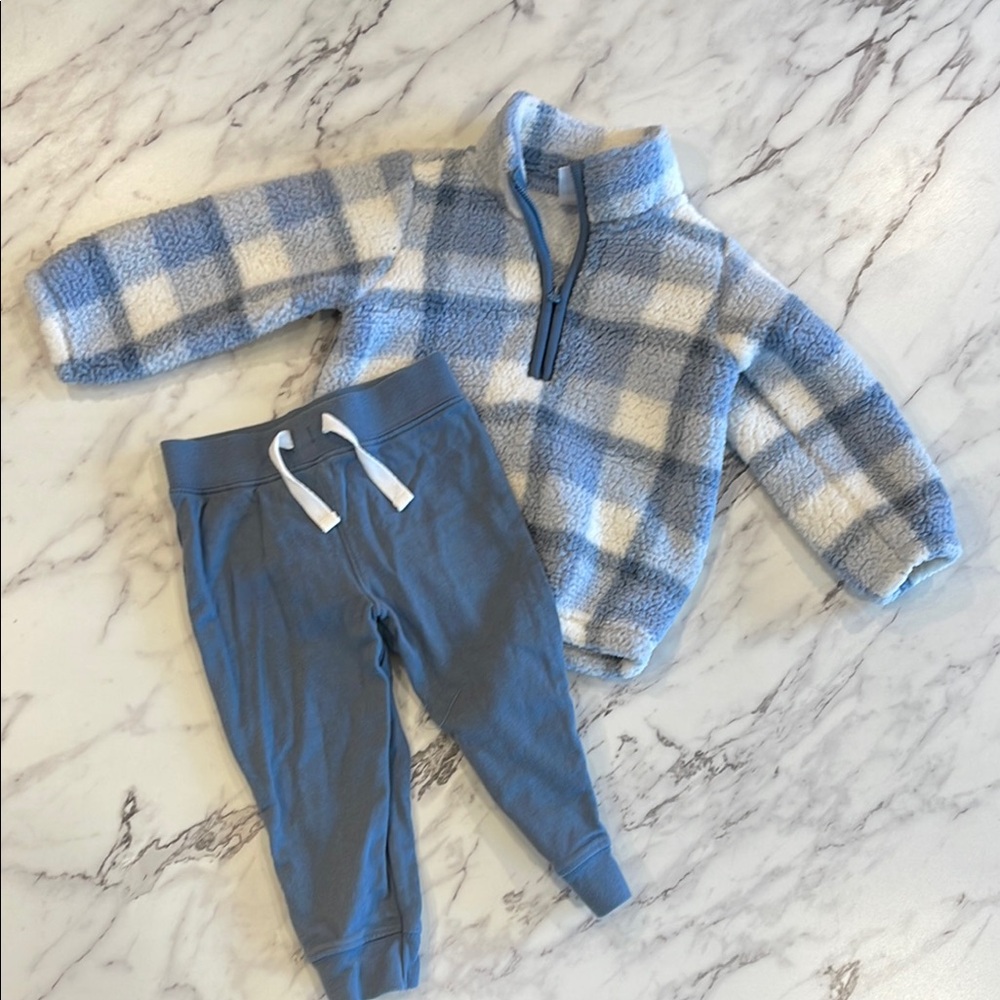 Blue and White Plaid Fleece Jacket with Blue Pants